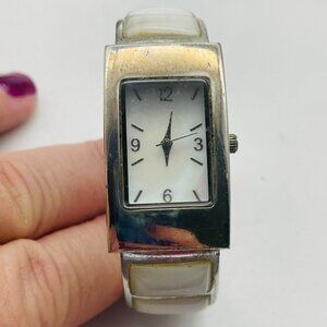 Mother of Pearl Cuff Watch Silver Tone Pearlescent Accents READ